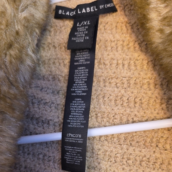 Chico’s Black Label Faux Fur Trim Open Cardigan – Camel Knit Wrap - Picture 2 of 7